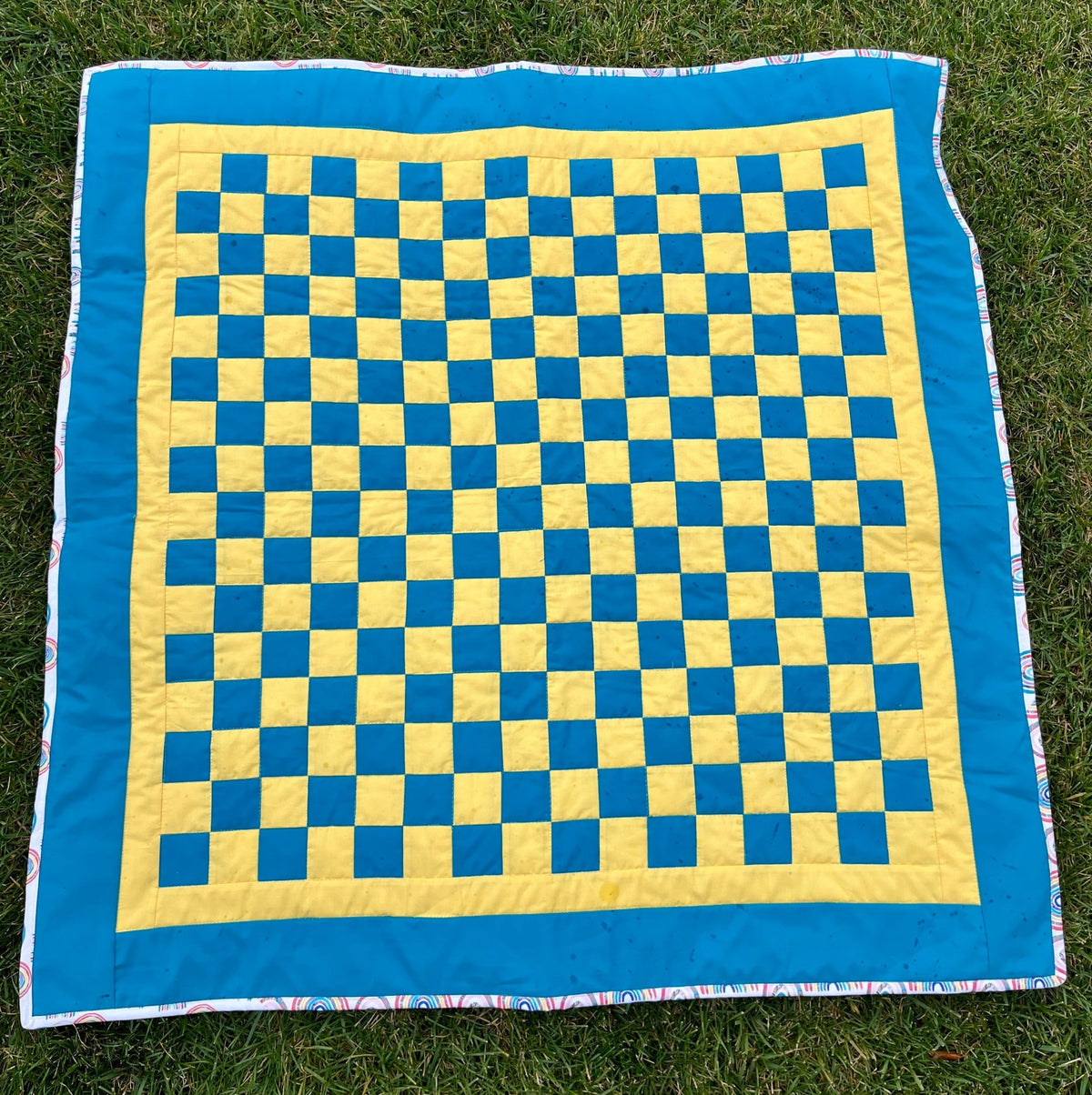 Turquoise and Yellow Checkered Baby Quilt – Handmade Checkerboard Crib Blanket - The QuilTea Corner