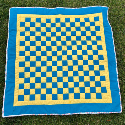 Turquoise and Yellow Checkered Baby Quilt – Handmade Checkerboard Crib Blanket - The QuilTea Corner