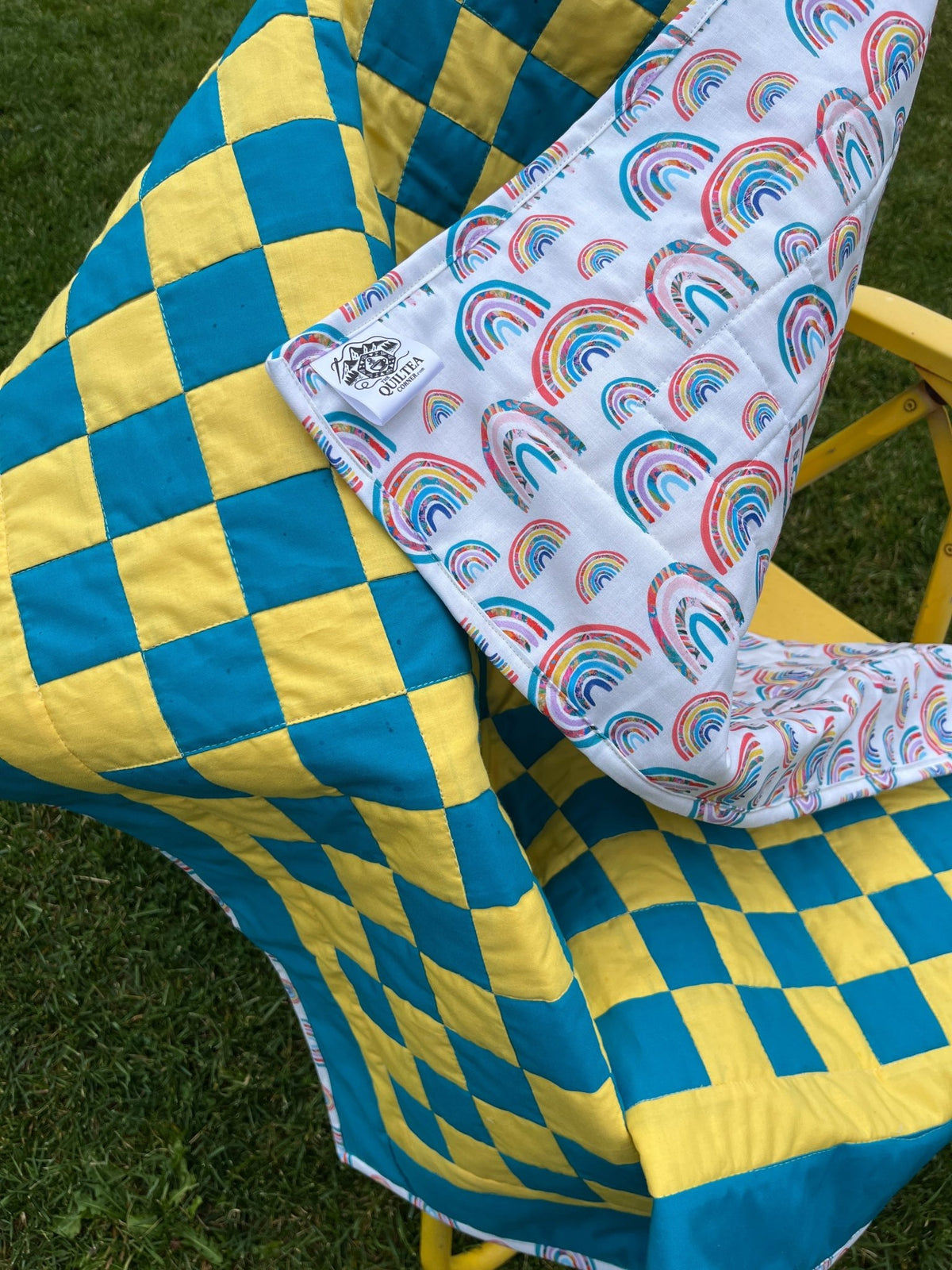 Turquoise and Yellow Checkered Baby Quilt – Handmade Checkerboard Crib Blanket - The QuilTea Corner