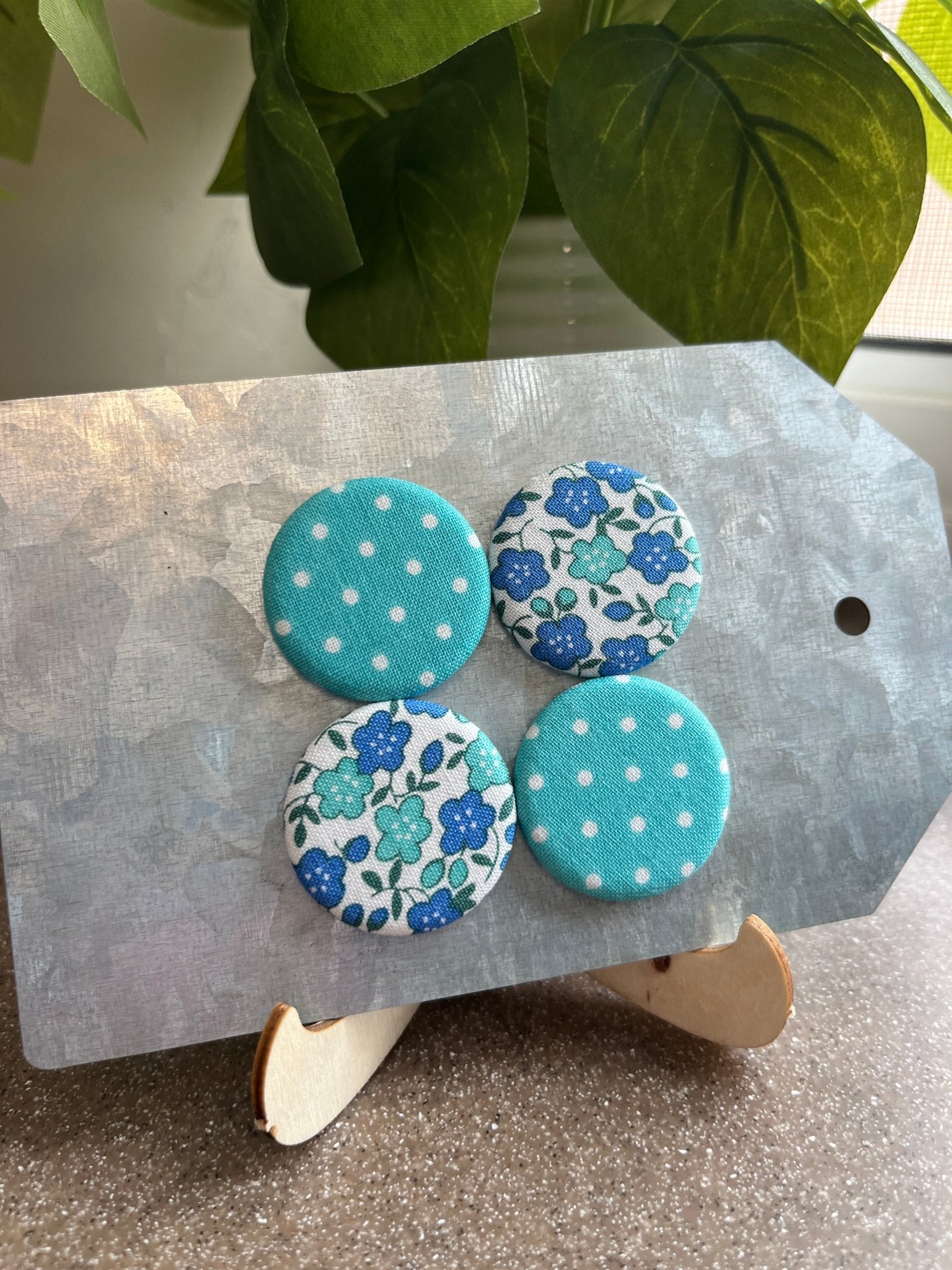 Turquoise with White Swiss Dot and Blue Floral 1.25” Fabric Magnet Set - The QuilTea Corner