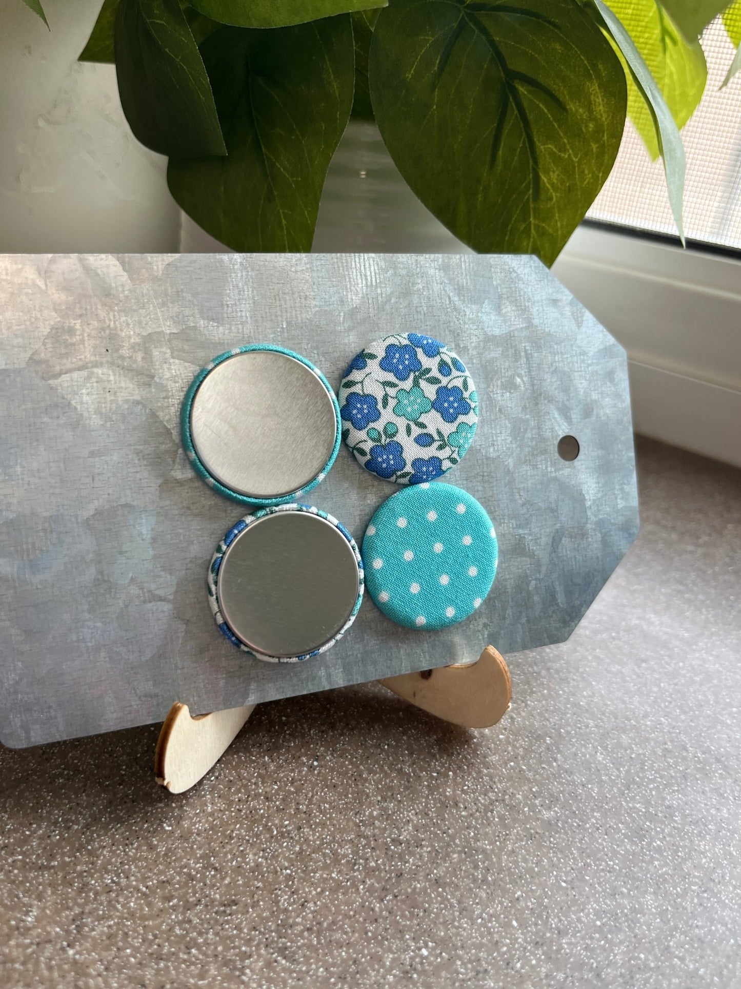Turquoise with White Swiss Dot and Blue Floral 1.25” Fabric Magnet Set - The QuilTea Corner