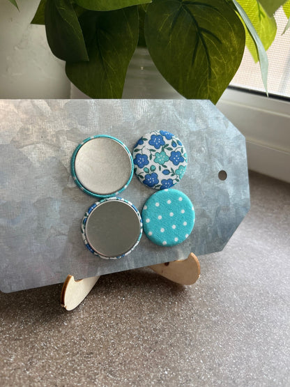Turquoise with White Swiss Dot and Blue Floral 1.25” Fabric Magnet Set - The QuilTea Corner