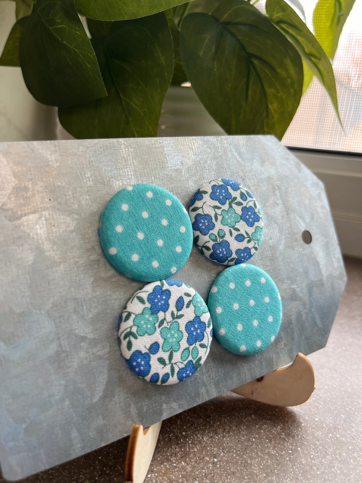 Turquoise with White Swiss Dot and Blue Floral 1.25” Fabric Magnet Set - The QuilTea Corner