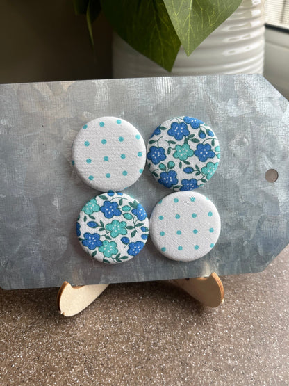 White with Turquoise Swiss Dot and Blue Floral 1.25” Fabric Magnet Set - The QuilTea Corner