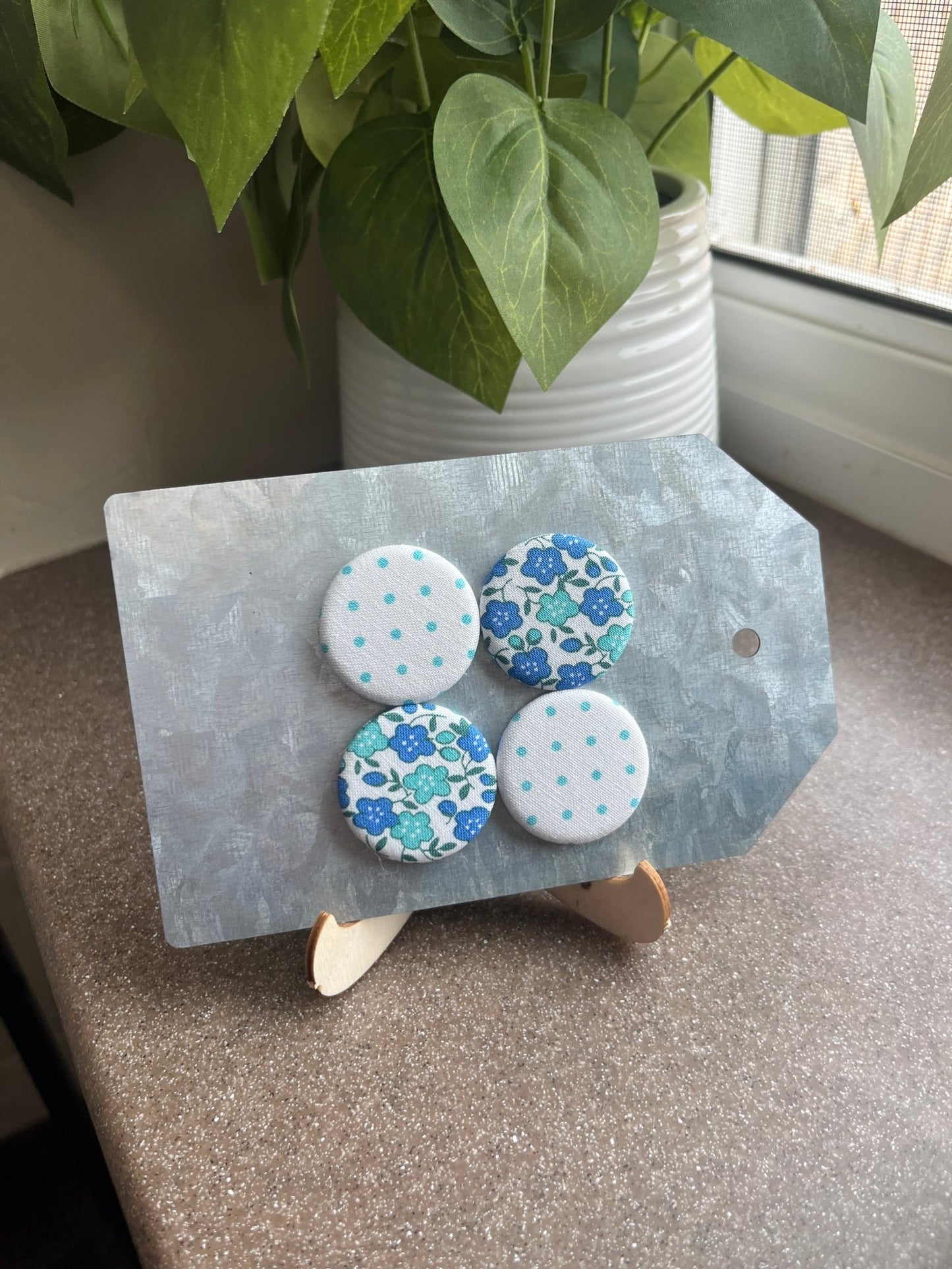 White with Turquoise Swiss Dot and Blue Floral 1.25” Fabric Magnet Set - The QuilTea Corner
