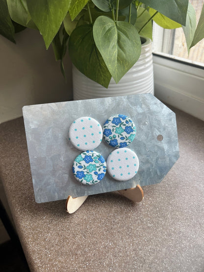 White with Turquoise Swiss Dot and Blue Floral 1.25” Fabric Magnet Set - The QuilTea Corner