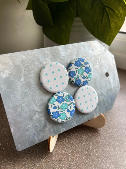 White with Turquoise Swiss Dot and Blue Floral 1.25” Fabric Magnet Set - The QuilTea Corner