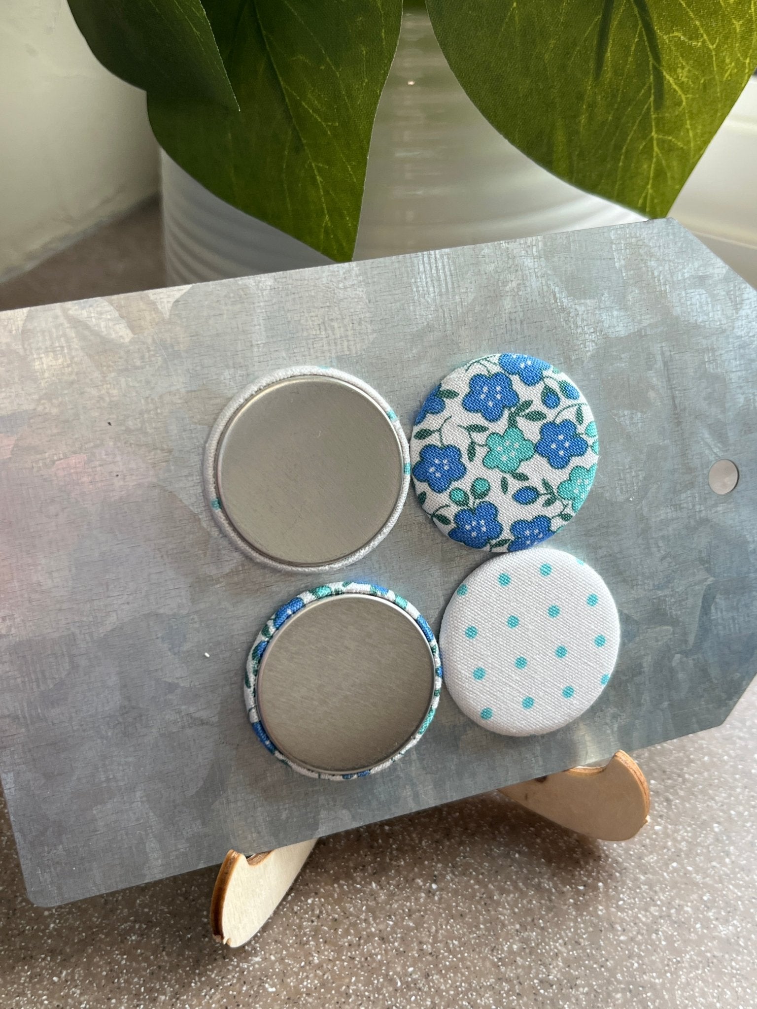 White with Turquoise Swiss Dot and Blue Floral 1.25” Fabric Magnet Set - The QuilTea Corner