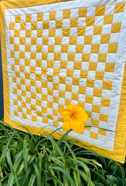 Yellow Checkered Baby Quilt – Handmade Checkerboard Crib Blanket – Heather Ross Apples Fabric - The QuilTea Corner