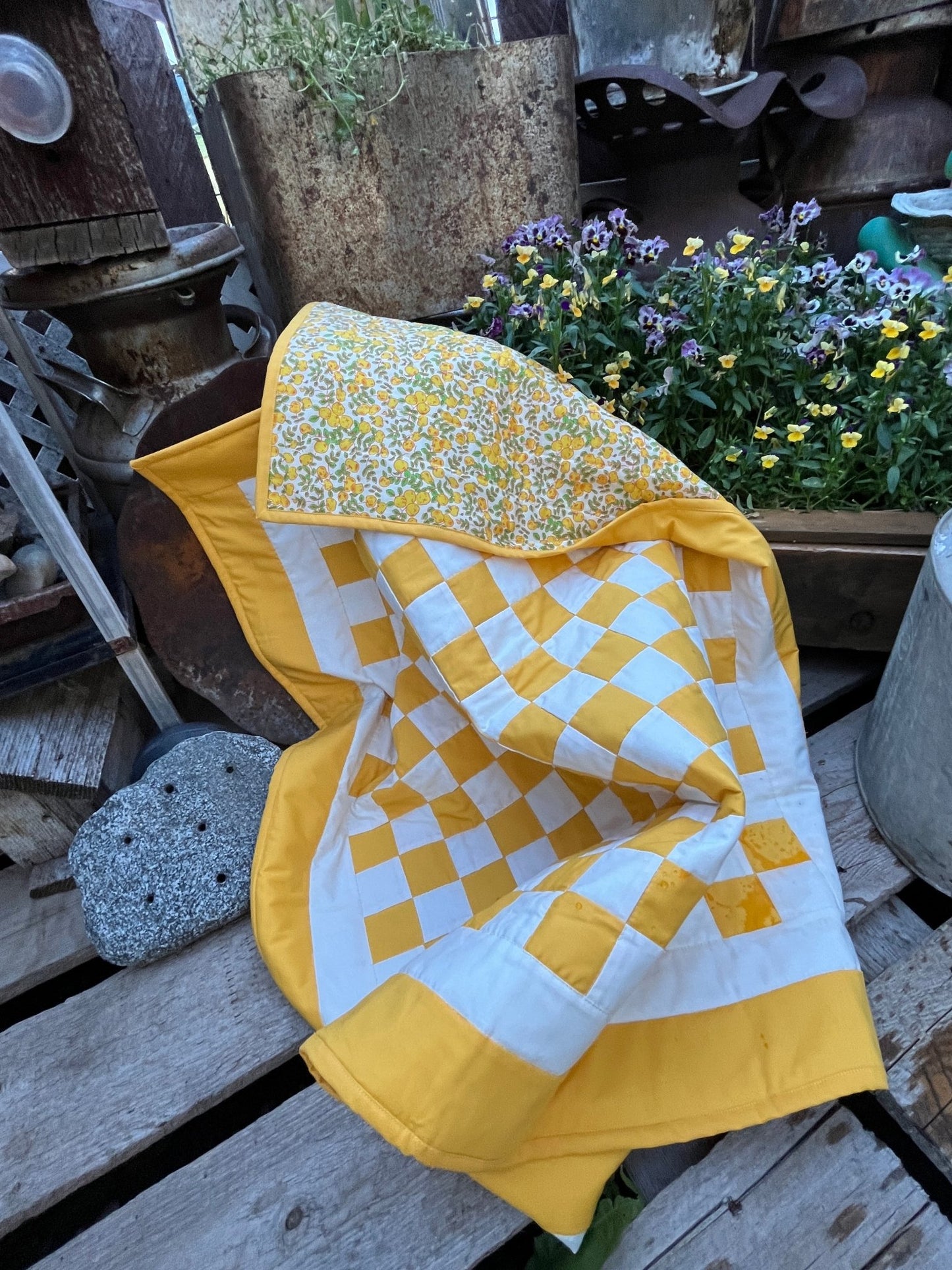 Yellow Checkered Baby Quilt – Handmade Checkerboard Crib Blanket – Heather Ross Apples Fabric - The QuilTea Corner