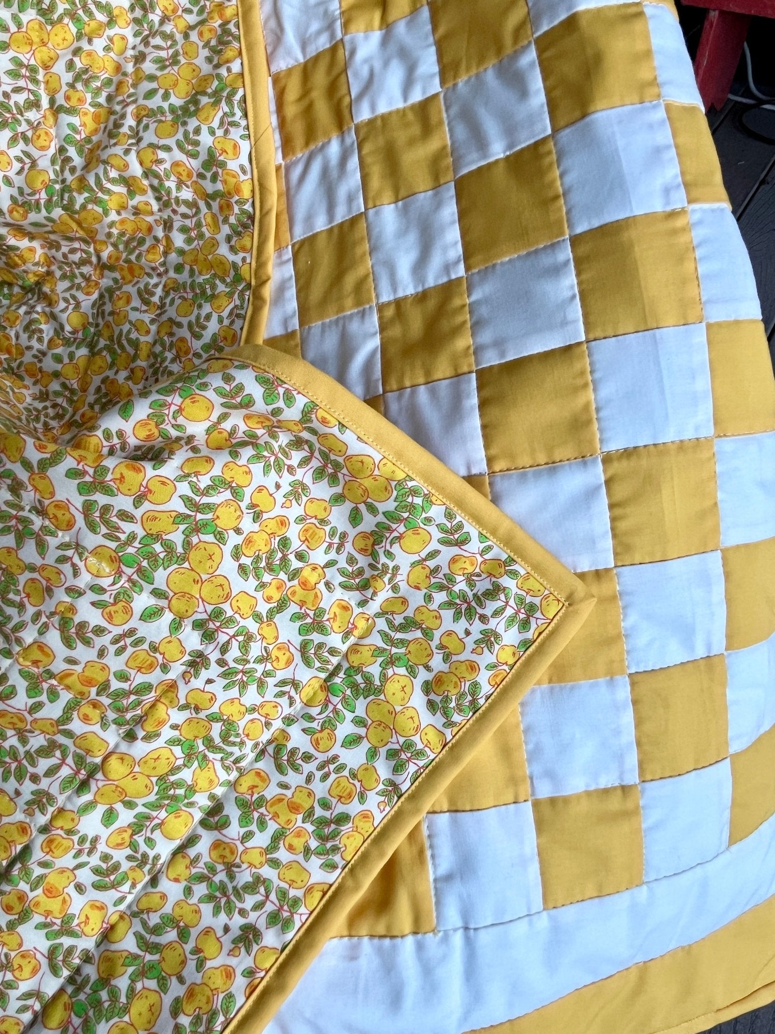 Yellow Checkered Baby Quilt – Handmade Checkerboard Crib Blanket – Heather Ross Apples Fabric - The QuilTea Corner