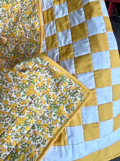 Yellow Checkered Baby Quilt – Handmade Checkerboard Crib Blanket – Heather Ross Apples Fabric - The QuilTea Corner