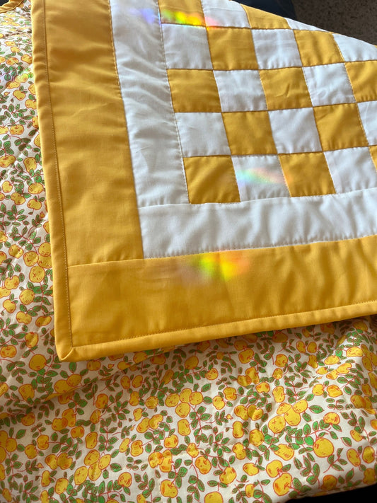 Yellow Checkered Baby Quilt – Handmade Checkerboard Crib Blanket – Heather Ross Apples Fabric - The QuilTea Corner