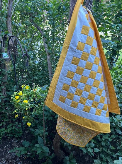 Yellow Checkered Baby Quilt – Handmade Checkerboard Crib Blanket – Heather Ross Apples Fabric - The QuilTea Corner