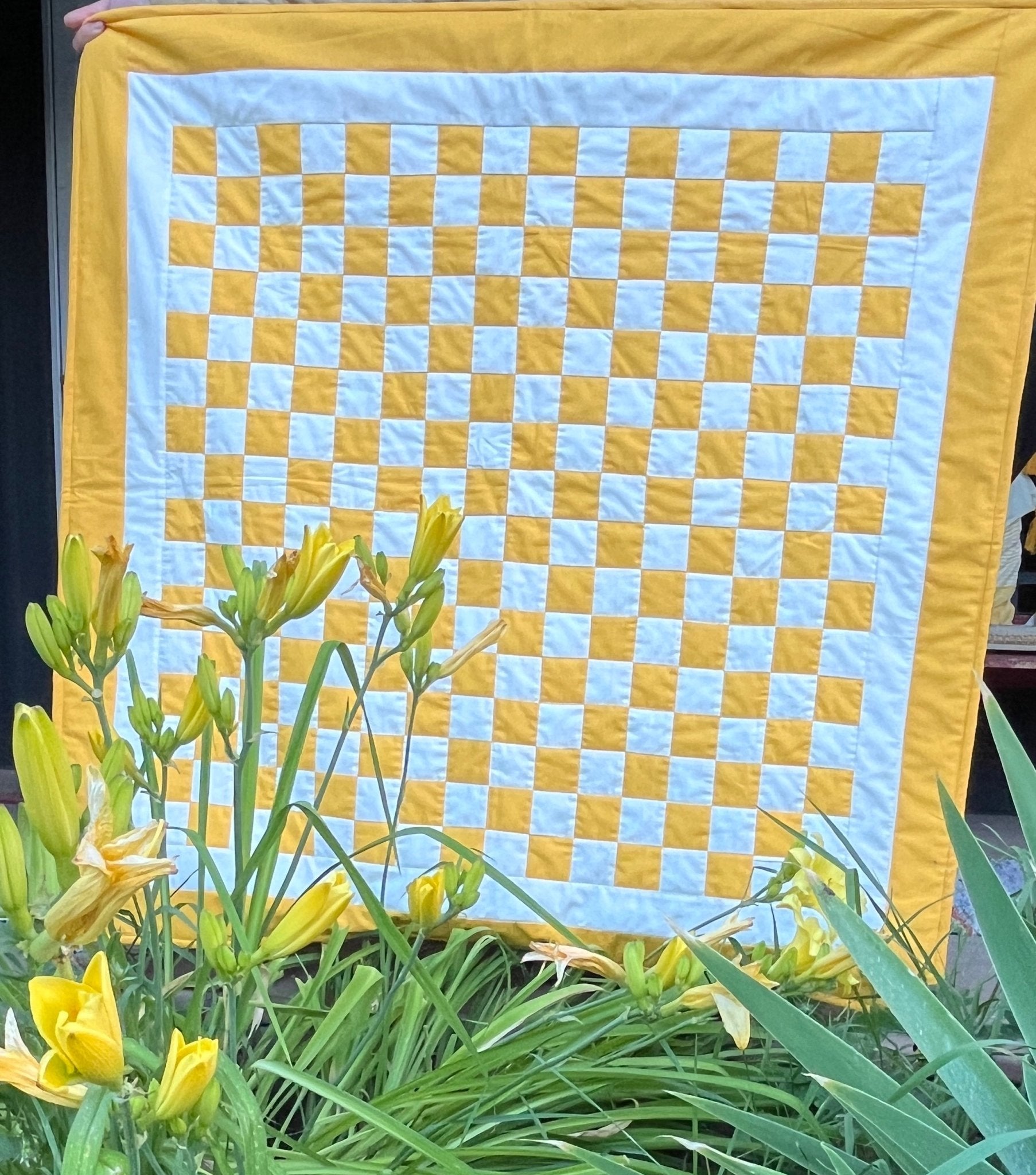 Yellow Checkered Baby Quilt – Handmade Checkerboard Crib Blanket – Heather Ross Apples Fabric - The QuilTea Corner