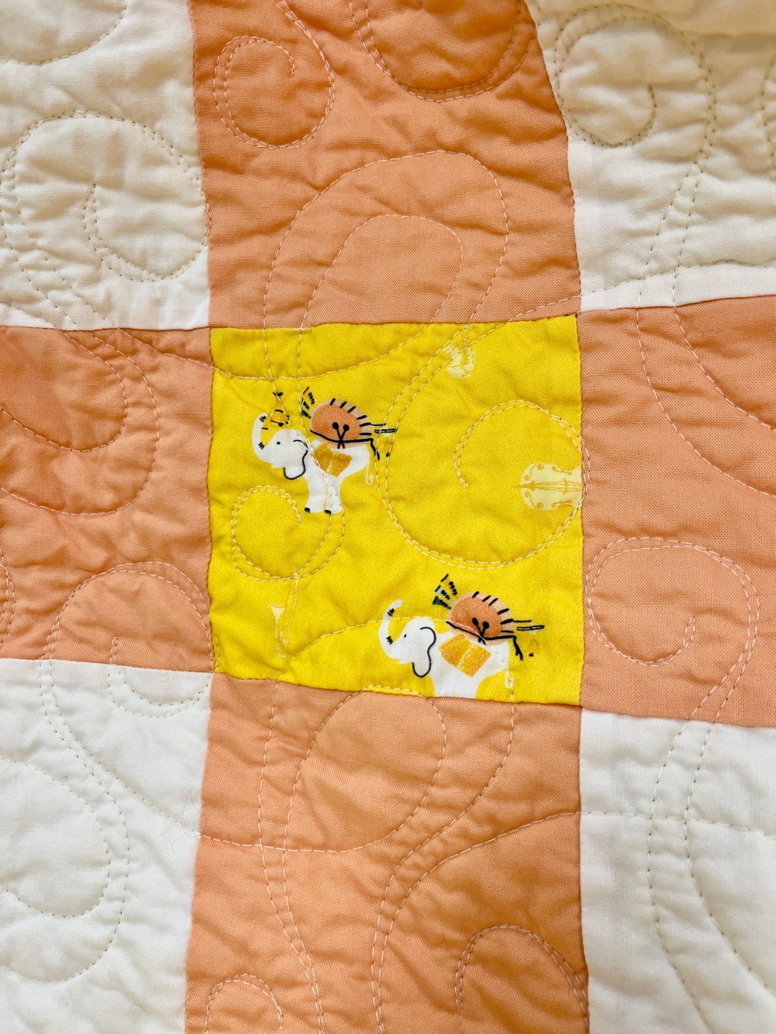 Yellow Orange Gingham Elephant Parade Patchwork Quilted Throw Blanket Girls Modern Decor - The QuilTea Corner