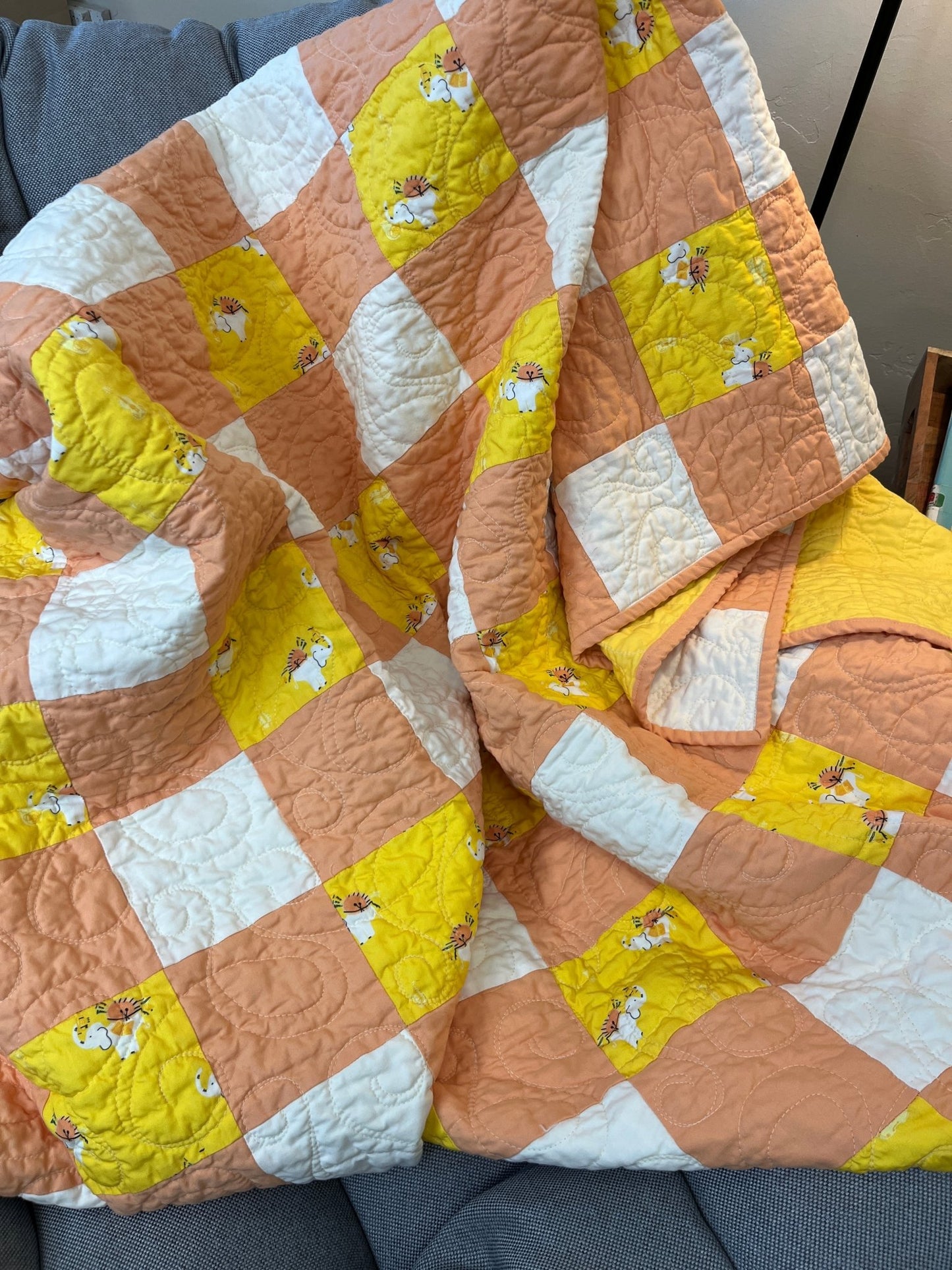 Yellow Orange Gingham Elephant Parade Patchwork Quilted Throw Blanket Girls Modern Decor - The QuilTea Corner