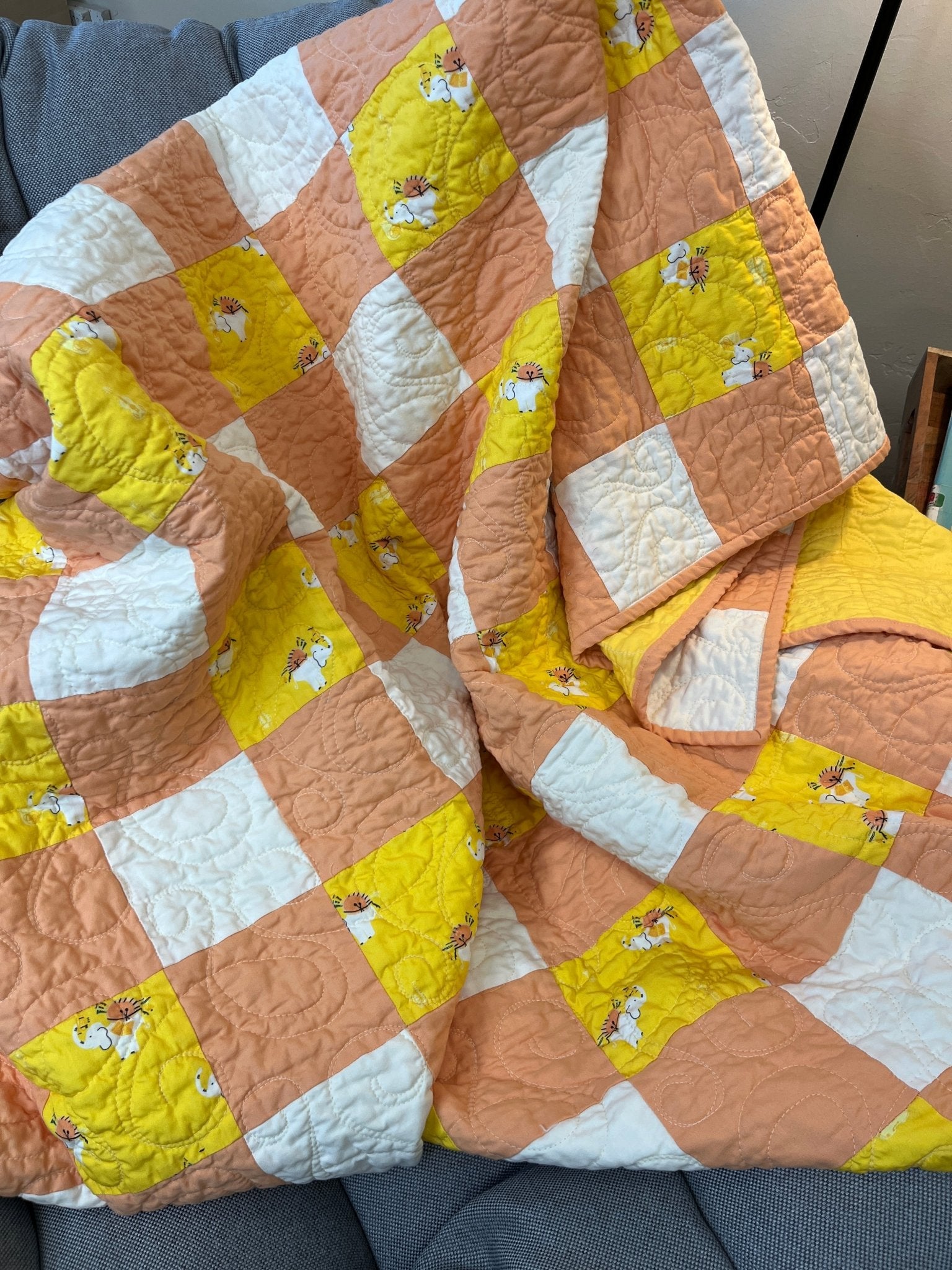 Yellow Orange Gingham Elephant Parade Patchwork Quilted Throw Blanket Girls Modern Decor - The QuilTea Corner