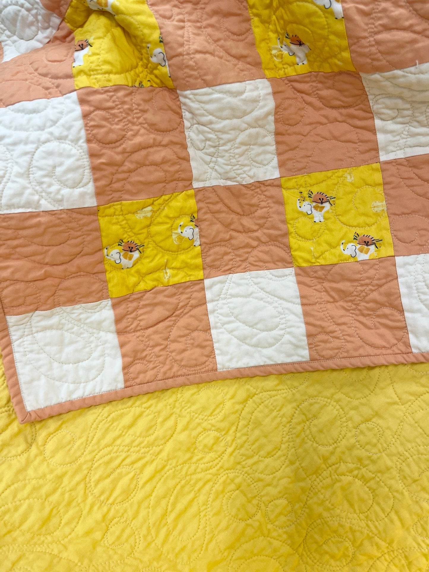 Yellow Orange Gingham Elephant Parade Patchwork Quilted Throw Blanket Girls Modern Decor - The QuilTea Corner