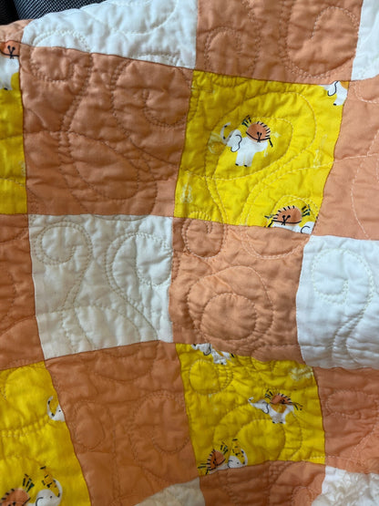 Yellow Orange Gingham Elephant Parade Patchwork Quilted Throw Blanket Girls Modern Decor - The QuilTea Corner