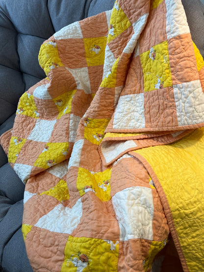 Yellow Orange Gingham Elephant Parade Patchwork Quilted Throw Blanket Girls Modern Decor - The QuilTea Corner