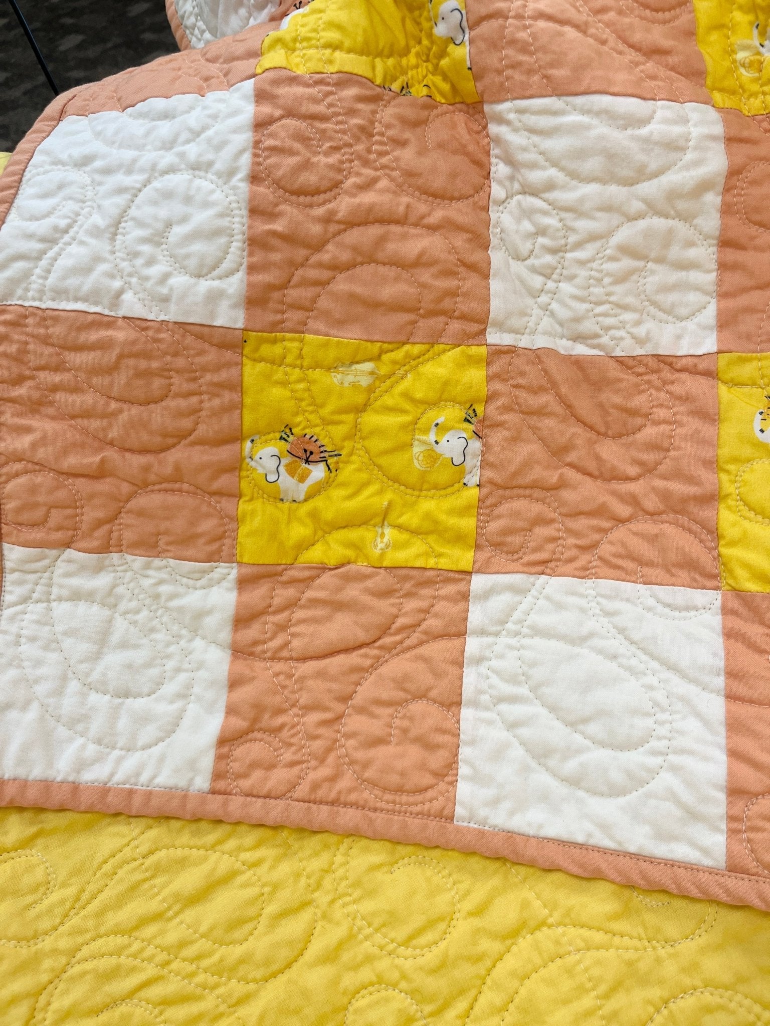 Yellow Orange Gingham Elephant Parade Patchwork Quilted Throw Blanket Girls Modern Decor - The QuilTea Corner