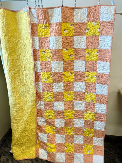 Yellow Orange Gingham Elephant Parade Patchwork Quilted Throw Blanket Girls Modern Decor - The QuilTea Corner