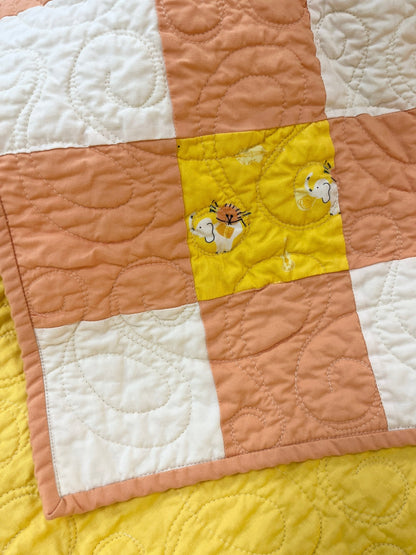 Yellow Orange Gingham Elephant Parade Patchwork Quilted Throw Blanket Girls Modern Decor - The QuilTea Corner