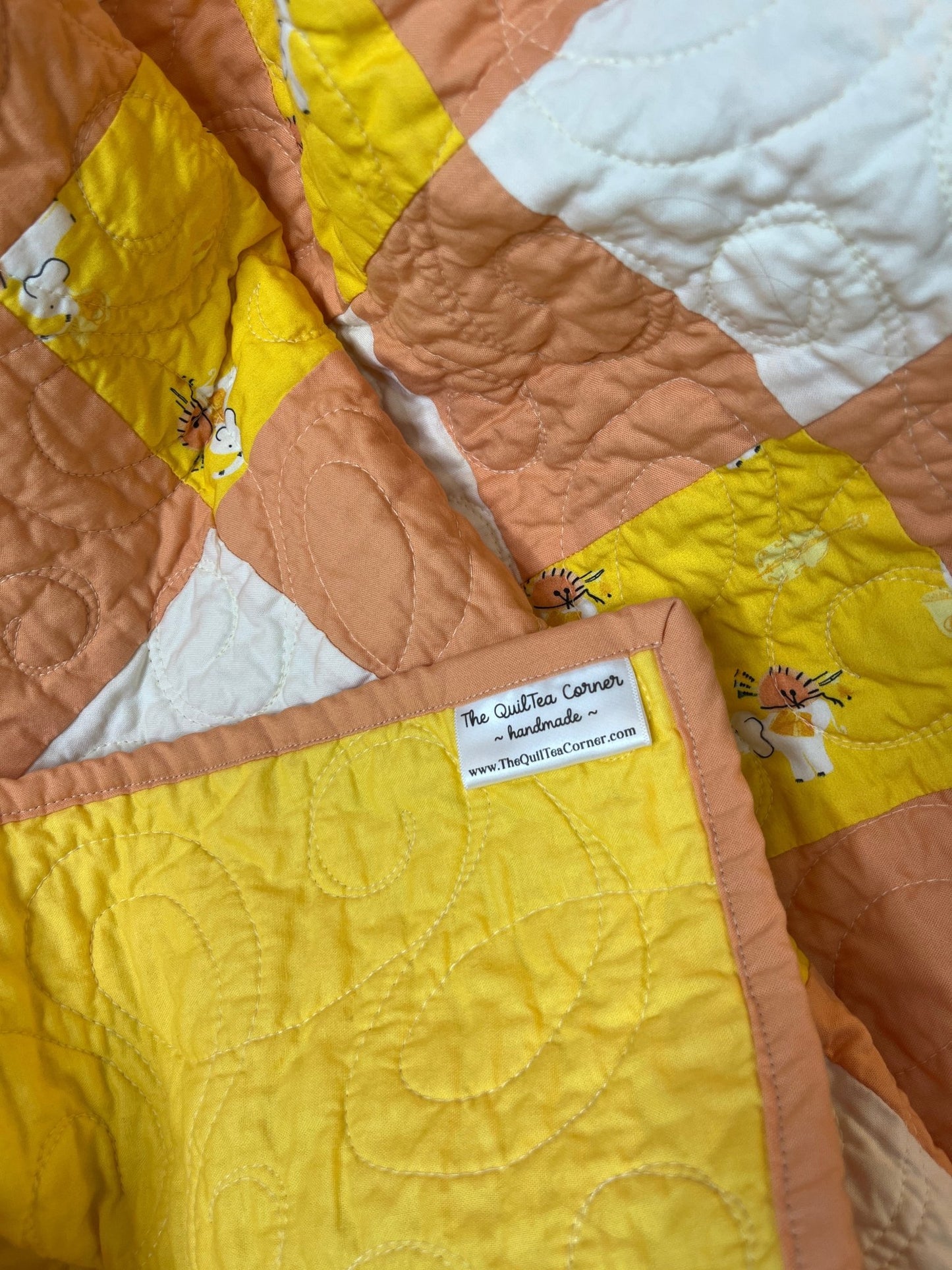 Yellow Orange Gingham Elephant Parade Patchwork Quilted Throw Blanket Girls Modern Decor - The QuilTea Corner