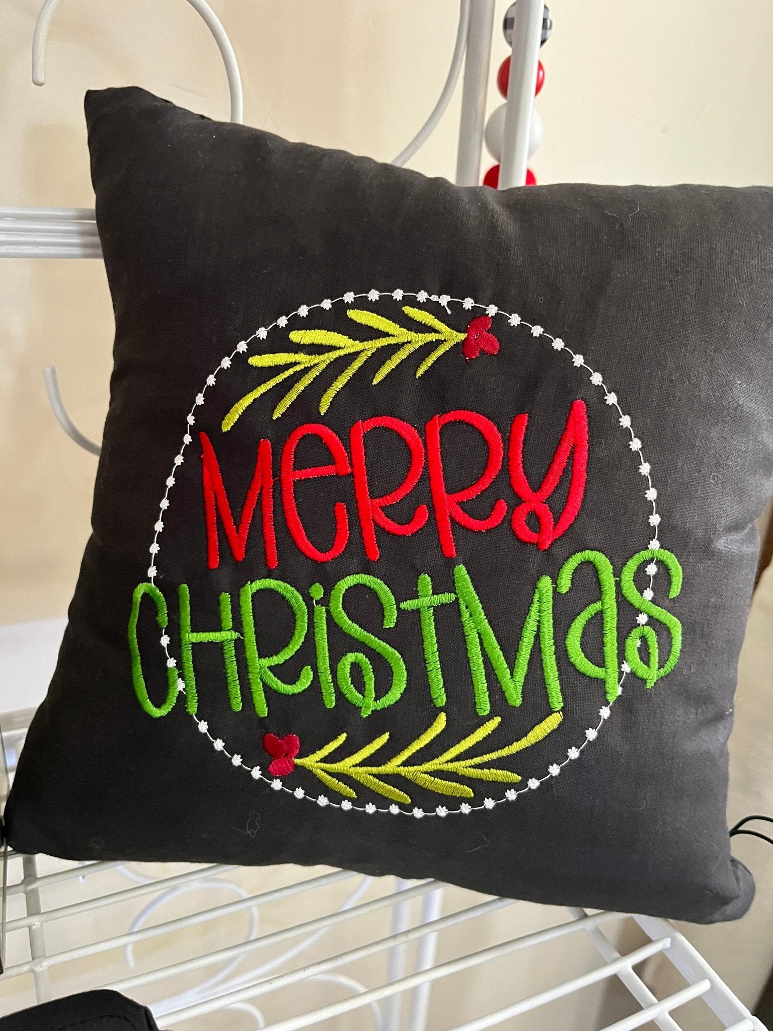 Merry Christmas Embroidered 12” square Pillow - The QuilTea Corner