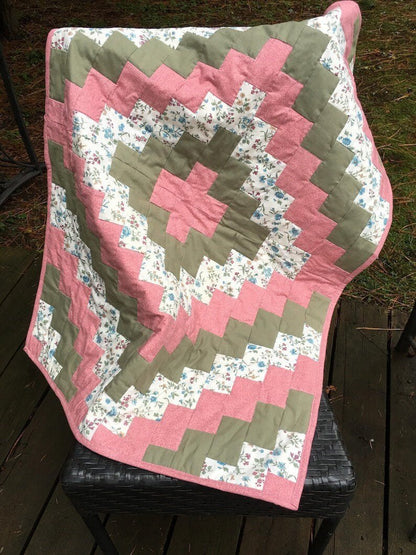 Quick Trip Around the World Baby Quilt Blanket Crib Bedding Nursery Pink Green Floral Toddler Bed Blue Flowers Handmade Pieced - The QuilTea Corner